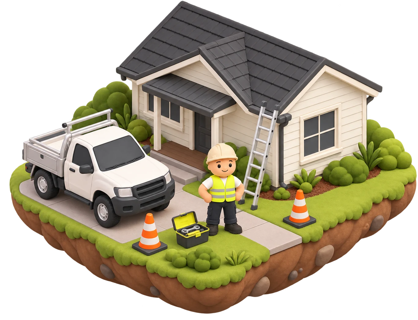 A tradesman's job site: a work ute, a ladder against the gutter and a suburban house