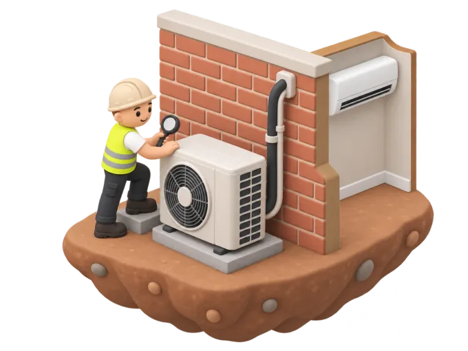 An isometric clay-style diorama of an air conditioning technician kneeling beside an outdoor compressor unit with refrigeration gauges connected, a mobile phone lying face-up nearby showing several missed calls