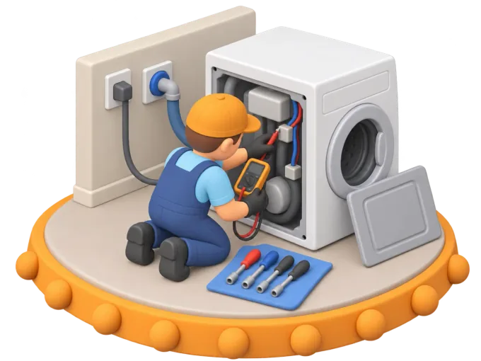 An isometric clay-style diorama of an appliance repair technician kneeling beside an open washing machine, a multimeter and a set of nut drivers laid out on a cloth beside the machine