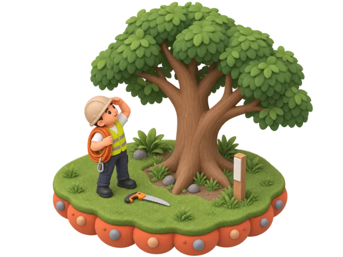 An isometric clay-style diorama of an arborist in a harness partway up a large tree, chainsaw in hand, with a council permit document pinned to a clipboard resting against the trunk below and a wood chipper parked on the street beside a stack of cut logs