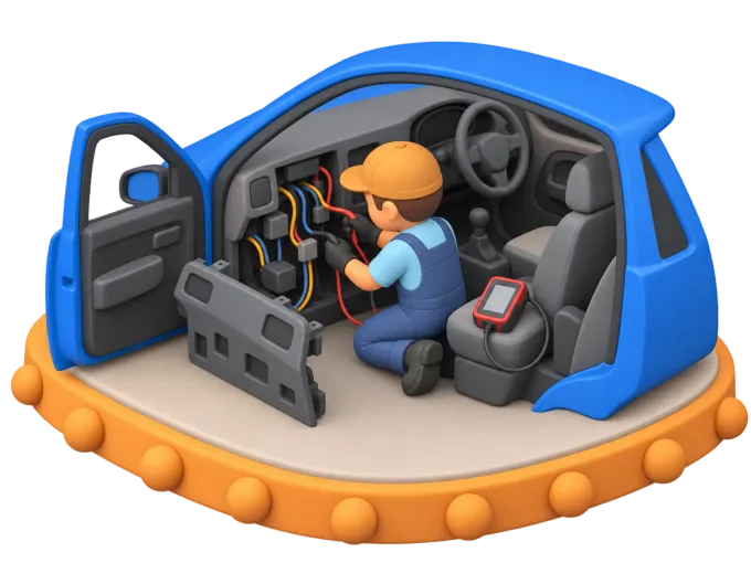 An isometric clay-style diorama of an auto electrician diagnosing a car's wiring at an open fuse box on a workshop hoist, a laptop showing a fault-code readout balanced on the guard beside a small manufacturer data disc