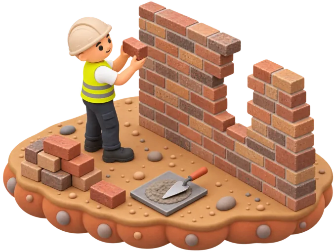 An isometric clay-style diorama of a bricklayer laying a course of new brick against an existing weathered brick wall, trowel in one hand, a string line stretched along the joint, with a slightly different-toned spare brick set aside on the scaffold beside him