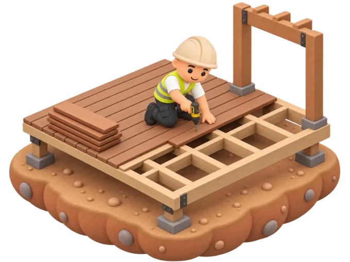 An isometric clay-style diorama of a carpenter fitting decking boards onto a part-built timber deck, a cordless drill in one hand, cut timber offcuts scattered at his feet, and a wall calendar pinned up beside him with a date circled in red