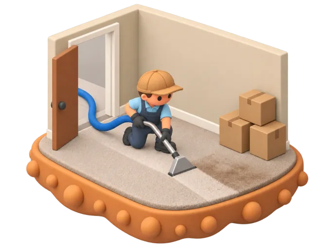An isometric clay-style diorama of a carpet cleaner steam-cleaning a lounge room carpet with a portable extraction machine, moving boxes stacked by the front door and a For Lease sign visible through the window