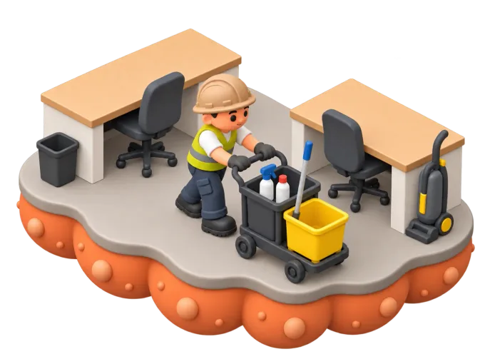 An isometric clay-style diorama of a commercial cleaner in high-vis polishing a glass office lobby floor at night with a ride-on buffer, a cleaning trolley stocked with spray bottles and folded microfibre cloths beside her, and a wall calendar behind the reception desk with one date circled in red