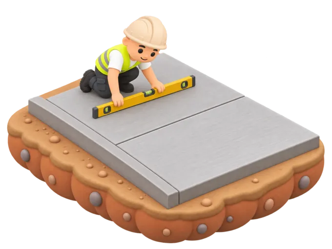 An isometric clay-style diorama of a concreter crouched at the edge of a driveway laid years earlier, running a spirit level along its still-flat surface, faint tyre marks and a few fallen leaves scattered across the concrete