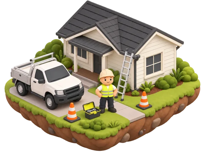 A Geelong job site: a work ute, a ladder against the gutter and a tradesman outside a suburban house