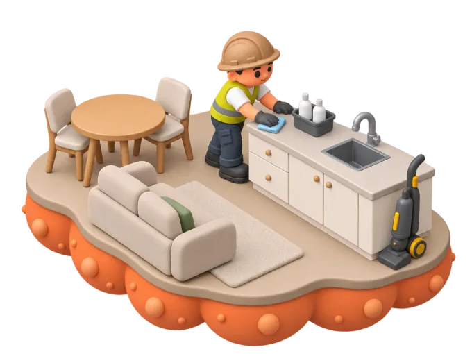 An isometric clay-style diorama of a domestic cleaner wiping down a kitchen benchtop in a sunlit lounge room, a caddy of spray bottles and cloths on the floor beside her