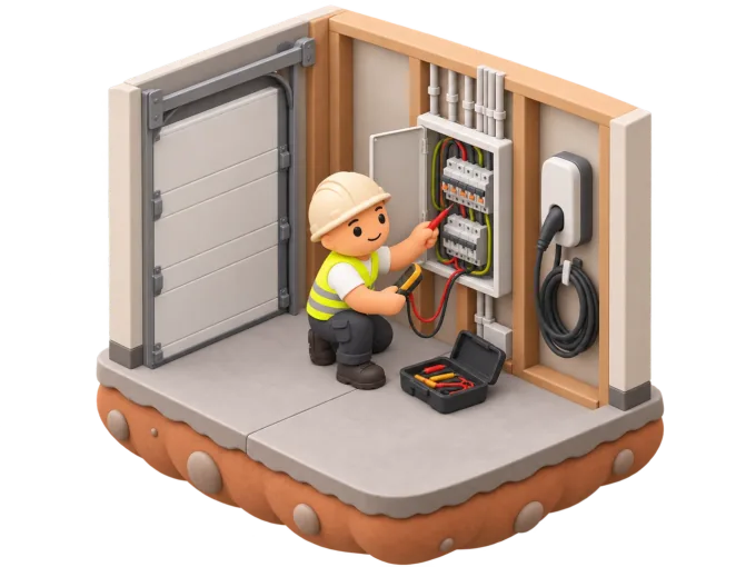 An isometric clay-style diorama of an electrician crouched beside an open switchboard, testing a circuit with a multimeter, with a mobile phone lying face-up nearby showing a missed call