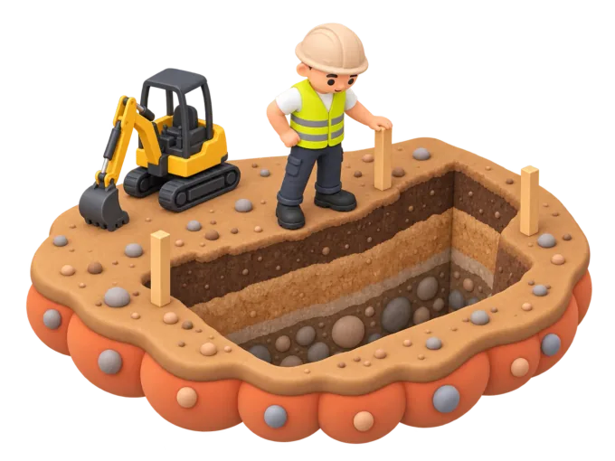An isometric clay-style diorama of an excavation contractor standing beside a part-dug trench in an excavator's cab doorway, one hand on the machine, looking down at where the bucket has just exposed a run of unmarked pipe and a patch of pale rock in the open ground