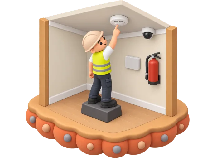 An isometric clay-style diorama of a fire and security technician kneeling beside a wall-mounted alarm panel, testing a smoke detector with one hand while a coiled fire hose and a red extinguisher sit nearby