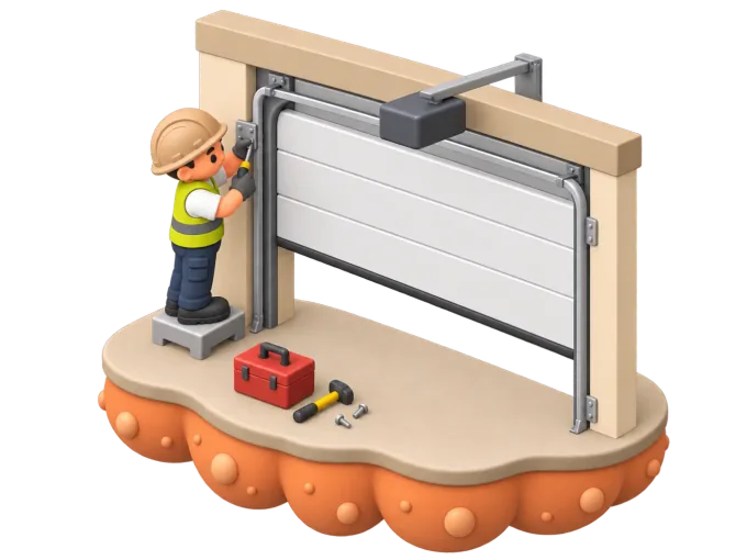 An isometric clay-style diorama of a garage door installer fitting a new sectional garage door panel onto its tracks, guide rails and a coiled torsion spring mounted on the wall beside him