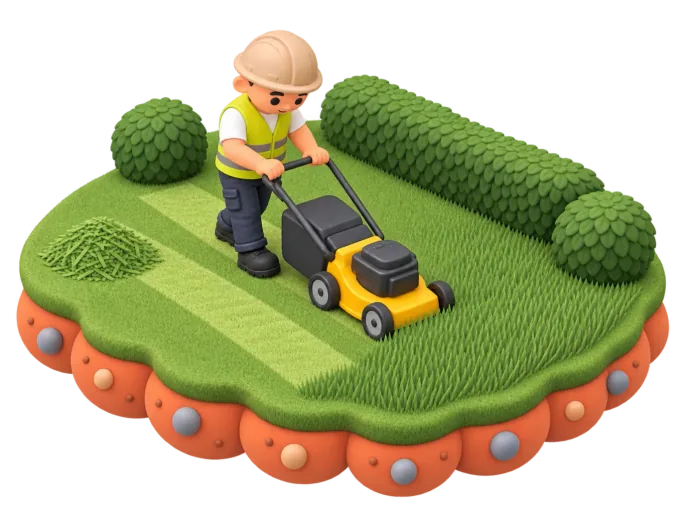 An isometric clay-style diorama of a gardener pushing a ride-on mower across a lawn beside a row of trimmed garden beds, with a wheelbarrow of mulch and a pair of pruned hedges nearby