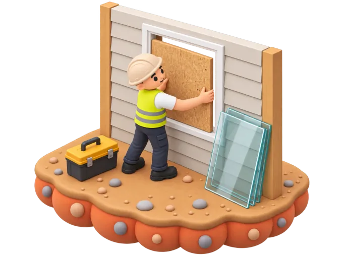 An isometric clay-style diorama of a glazier fitting a new glass pane into a window frame using suction-cup handles, with a toolbox and a stack of cut glass panes leaning against the wall beside him
