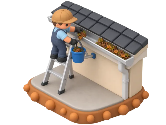 An isometric clay-style diorama of a gutter cleaner on an extension ladder clearing leaves from a suburban home's gutter into a bucket, a loaded ute parked in the driveway below