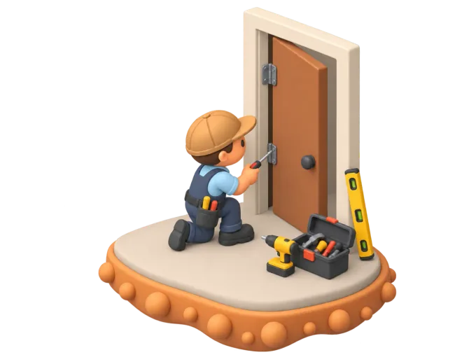 An isometric clay-style diorama of a handyman kneeling to tighten a hinge on a front door, a small open toolbox and a cordless drill resting on the step beside him
