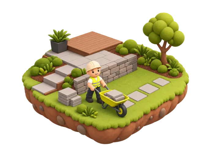An isometric clay-style diorama of a landscaper's backyard build: a raised deck with a stone retaining wall, steps, paving and a planter on top, turf, stepping stones, shrubs and a tree below, and the landscaper pushing a wheelbarrow of pavers between the two levels