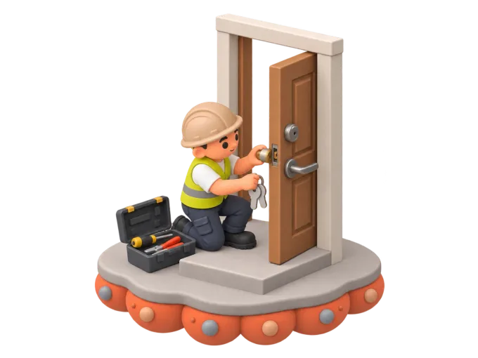 An isometric clay-style diorama of a locksmith kneeling at a front door at night, picking a lock with a tension wrench and pick under a porch light, a keyring and a small toolkit open on the step beside him