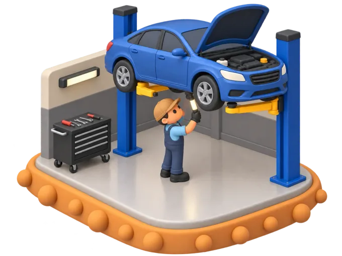 An isometric clay-style diorama of a mechanic writing up a repair notice beside a car on a workshop hoist, with the bonnet open and hand tools laid out on a bench nearby
