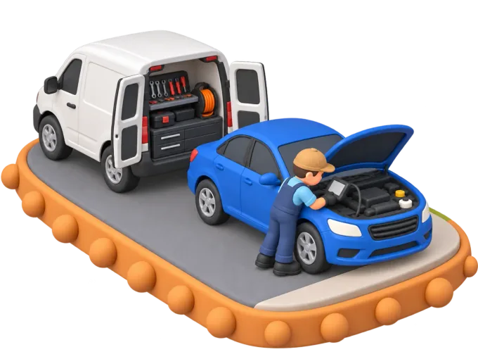 An isometric clay-style diorama of a mobile mechanic working from an open van parked in a suburban driveway, diagnostic equipment and hand tools laid out on a fold-down bench beside the vehicle