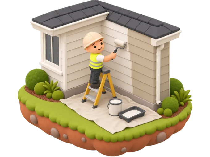 An isometric clay-style diorama of a painter on a short stepladder rolling exterior paint onto a weatherboard wall, a paint tin and roller tray at his feet and a drop sheet spread beneath him