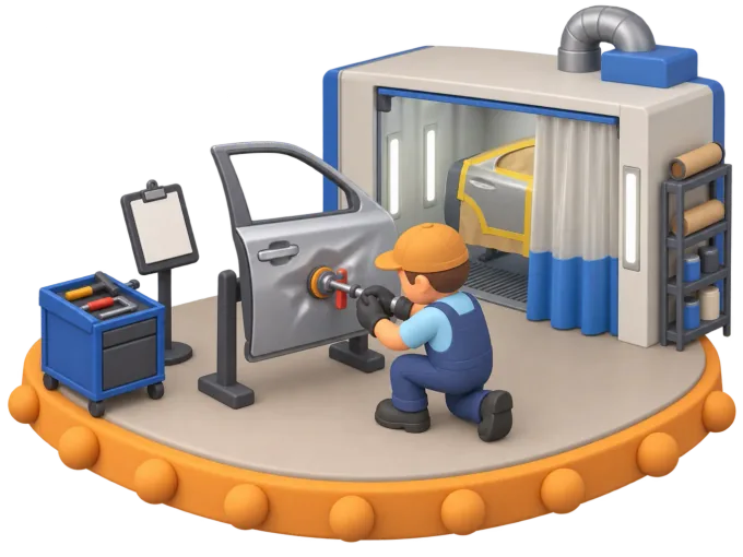 An isometric clay-style diorama of a panel beater assessing collision damage on a car door and writing up a repair quote on a clipboard inside a workshop bay