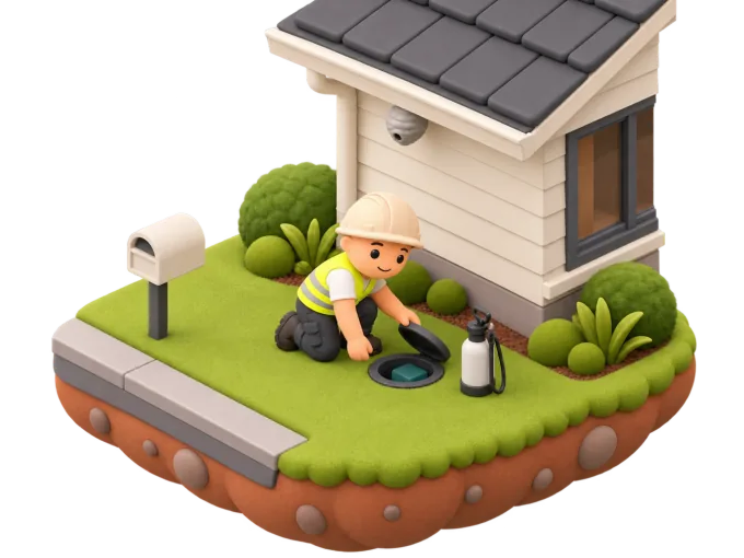 An isometric clay-style diorama of a pest control technician crouched at a termite bait station near a letterbox, with a wasp nest visible under the eave of a house behind him
