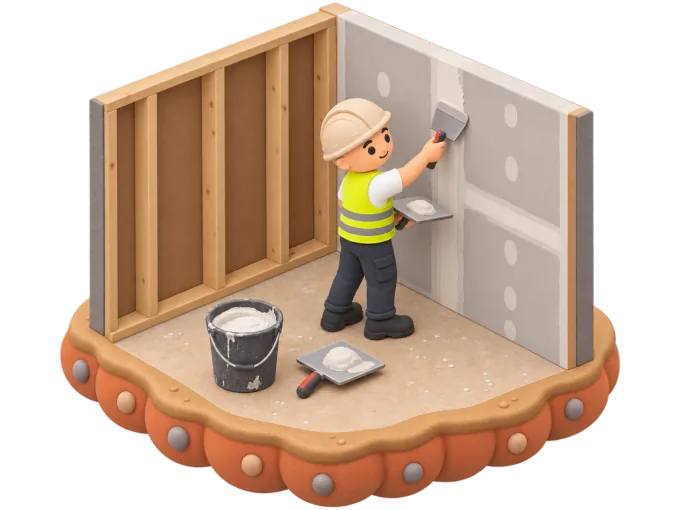 An isometric clay-style diorama of a plasterer applying a skim coat to an interior wall with a trowel and hawk, a bucket of mixed plaster and a bag of gyprock screws at his feet