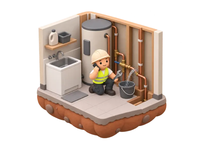 An isometric clay-style diorama of a plumber kneeling beside a hot water system, a phone held to his ear with one hand and a wrench in the other, while water sprays from a leaking copper pipe into a bucket beside a laundry sink