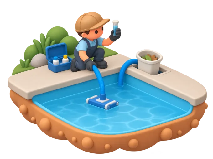 An isometric clay-style diorama of a pool technician testing water chemistry beside a swimming pool's pump and filter equipment, with a test kit and chemical dosing containers on a poolside table