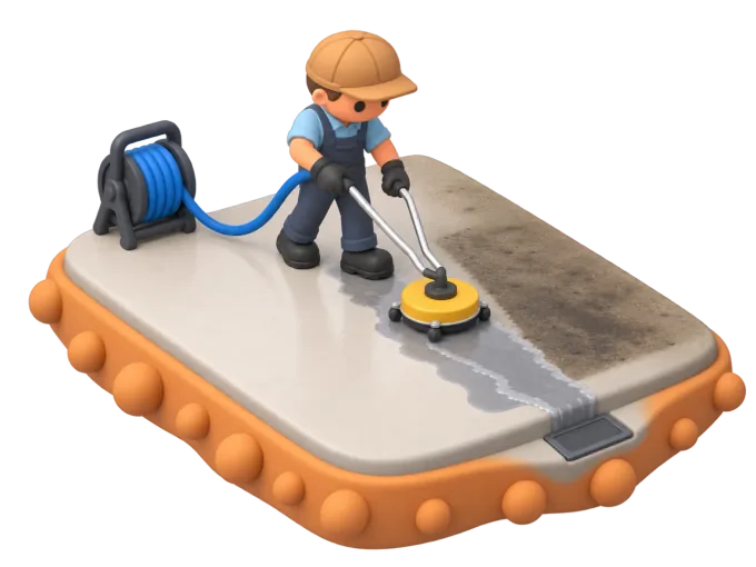 An isometric clay-style diorama of a pressure washing technician working a wand across a driveway, a visible line of grey wash water running past the technician's boots toward a stormwater drain set into the kerb at the edge of the property