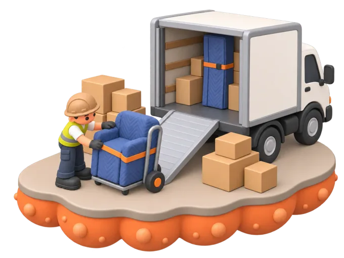 An isometric clay-style diorama of a removalist carrying a wrapped armchair down a ramp into an open moving truck, cardboard boxes stacked nearby and a clipboard with a job sheet resting on a trolley