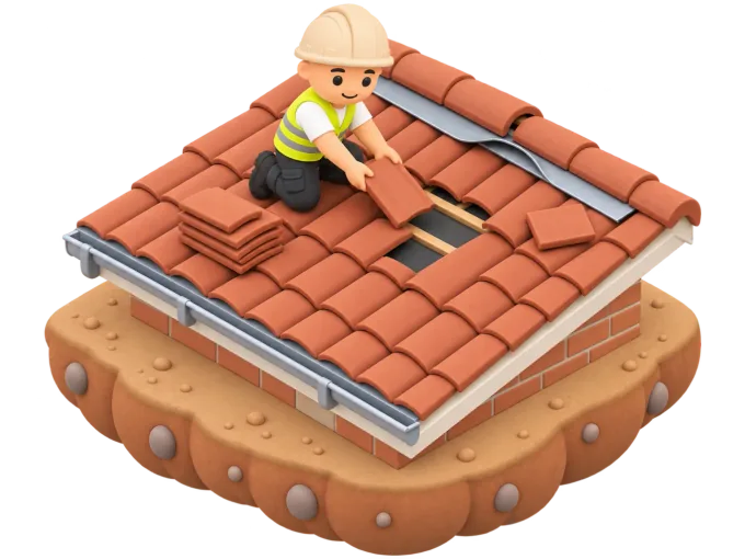 An isometric clay-style diorama of a roofer on a ladder against a tiled roof, checking storm-loosened flashing with a torch while a mobile phone lights up with an incoming call on the ground below