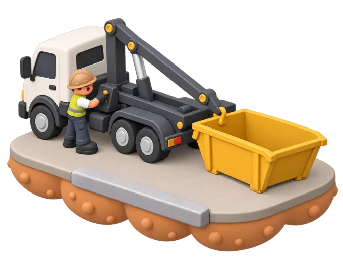 An isometric clay-style diorama of a skip bin hire driver checking a loaded mini skip on a suburban driveway before winching it onto the truck for collection