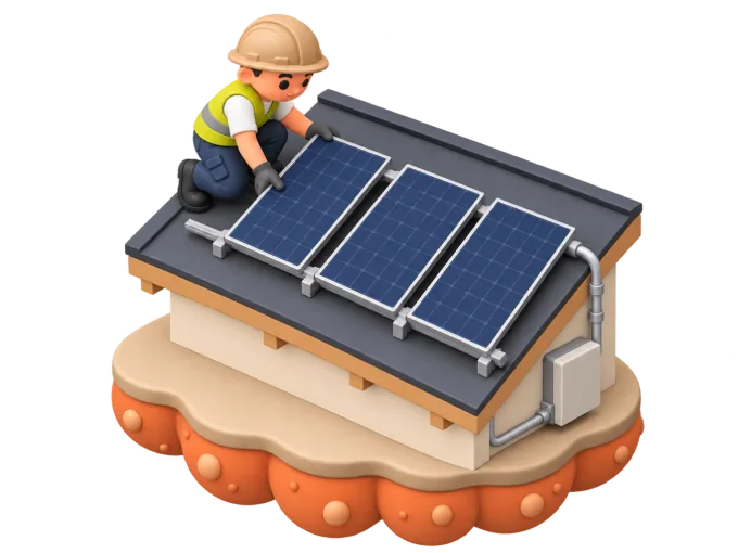 An isometric clay-style diorama of a solar installer securing panel rails to a pitched roof, an accreditation card and an electrical safety certificate laid out on the scaffolding beside a battery unit and cabling running down toward a switchboard