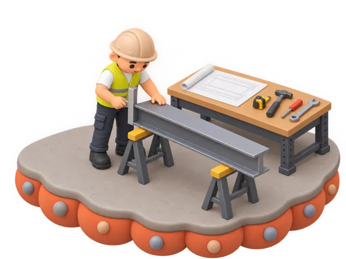An isometric clay-style diorama of a steel fabricator in a workshop measuring a length of structural steel beam against a shop drawing with calipers, sparks arcing from a welding station nearby and cut steel offcuts stacked beside a half-built portal frame section