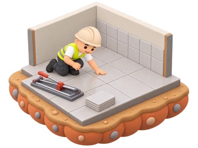 An isometric clay-style diorama of a tiler kneeling to lay a row of floor tiles with a notched trowel, a stack of cut tiles and a spirit level at his feet, beside a half-finished wall of neat bathroom wall tiles