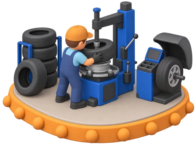 An isometric clay-style diorama of a tyre shop technician fitting a new tyre onto a car's wheel hub, with a tyre-changing machine and a stack of spare tyres beside him