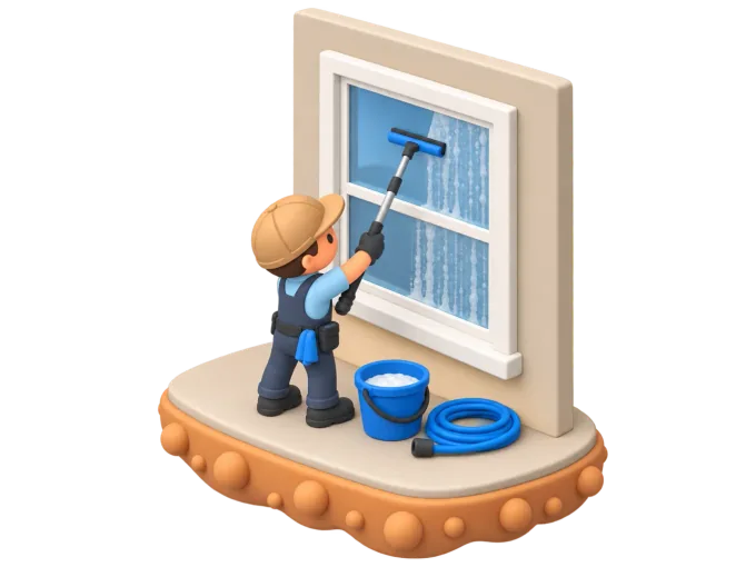 An isometric clay-style diorama of a window cleaner harnessed to a boom lift squeegeeing a high-rise office tower's glass facade, with a second window cleaner on an extension ladder washing a suburban house window in the foreground below