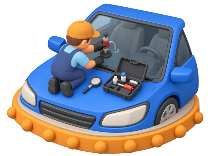 An isometric clay-style diorama of a windscreen repairer using a resin injector on a small stone chip near the base of a car's windscreen, with a measuring gauge and a repair kit laid out on the bonnet beside them